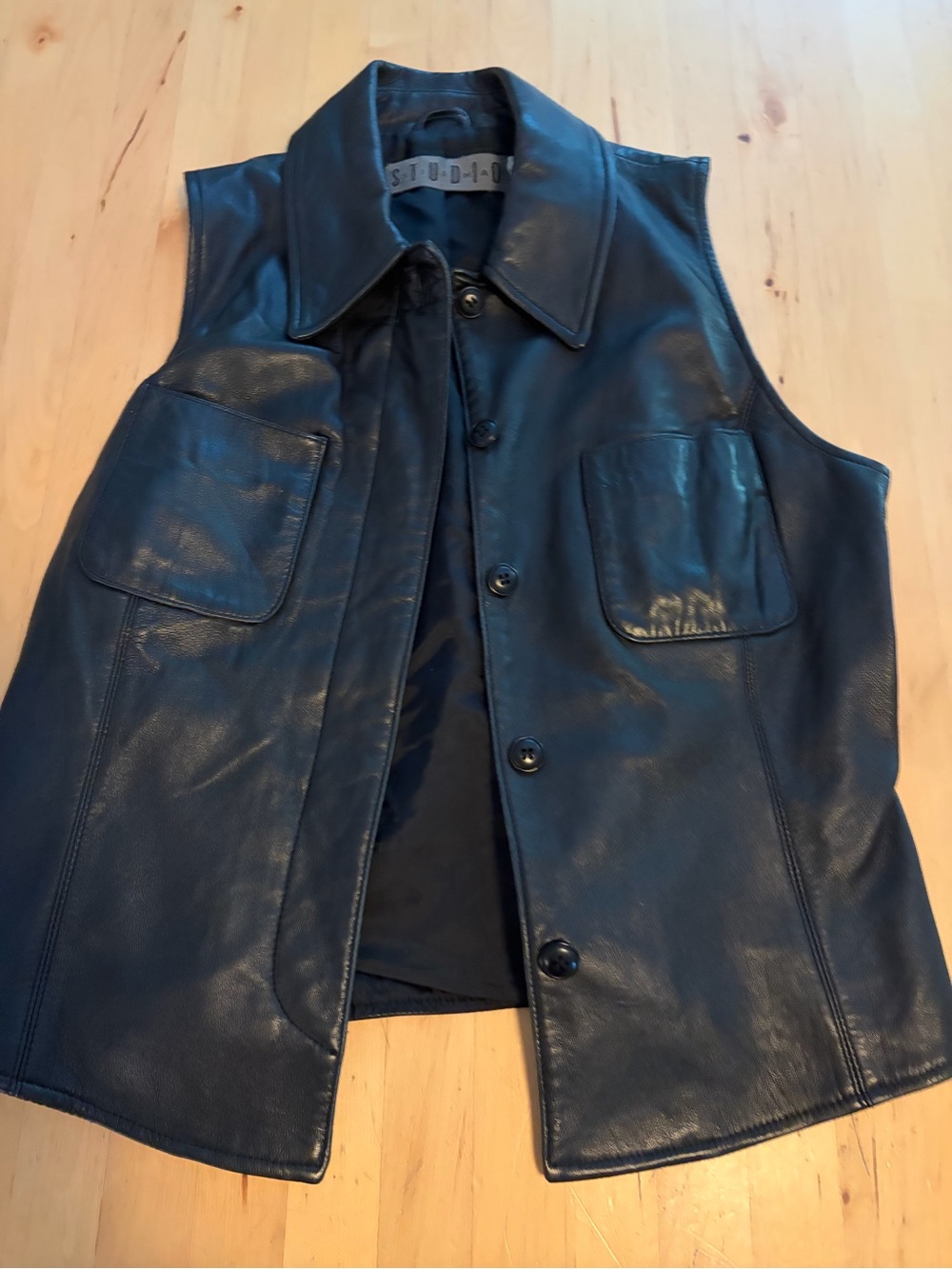 Studio Black Leather Sleeveless Button-Up Vest